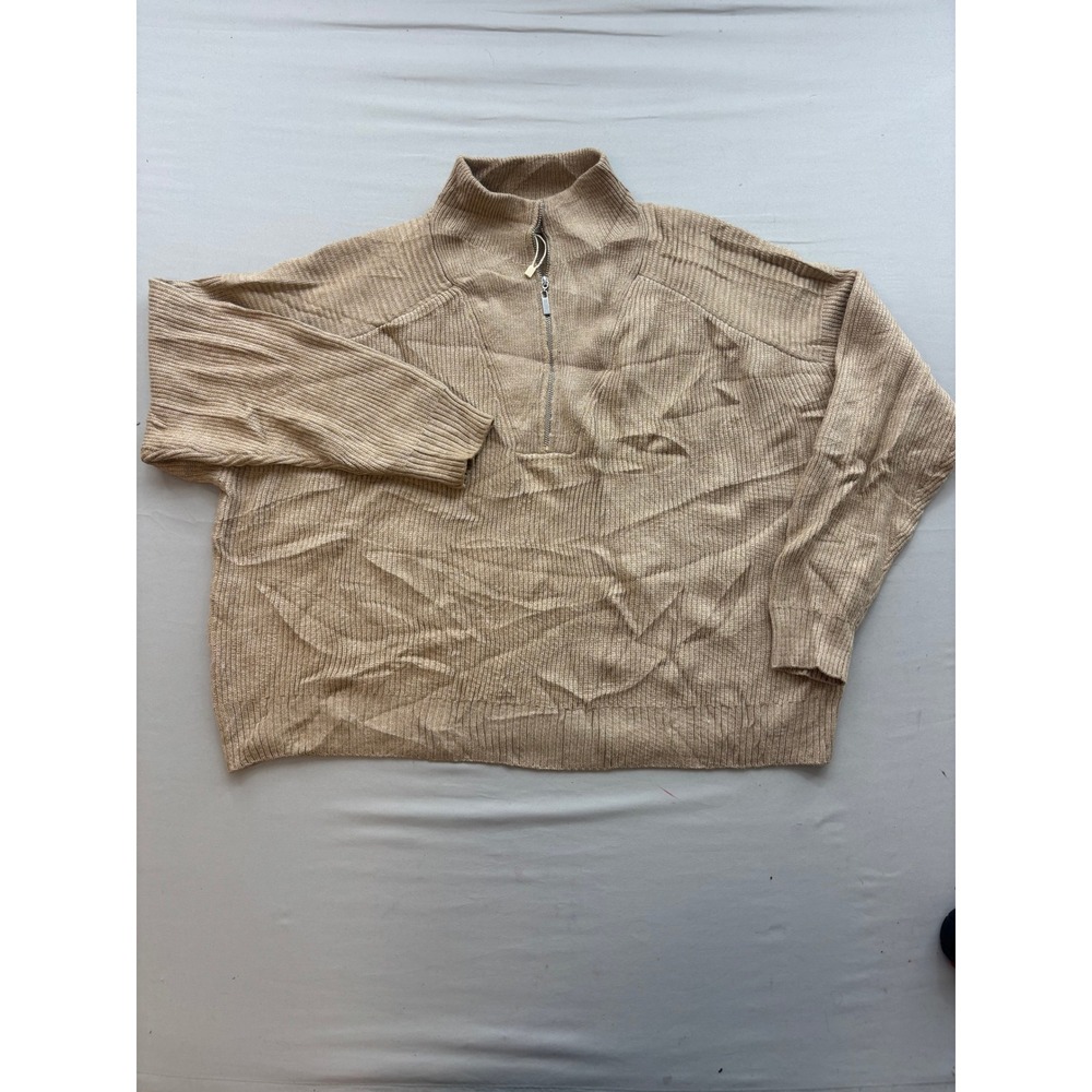 MNG Mango Tan Ribbed Quarter Zip Knit Sweater Mock Neck Beige Pullover Mens M